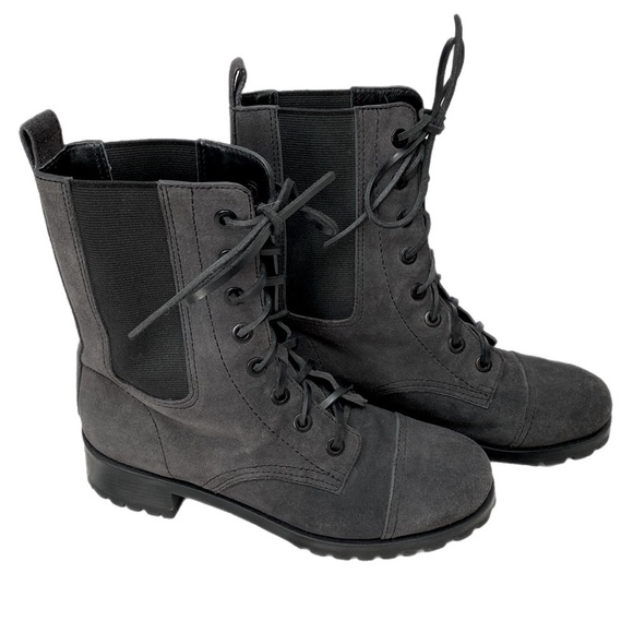 Tory Burch Gray Broome Suede Leather Lace Up Combat Boots size 7.5 - Picture 3 of 11